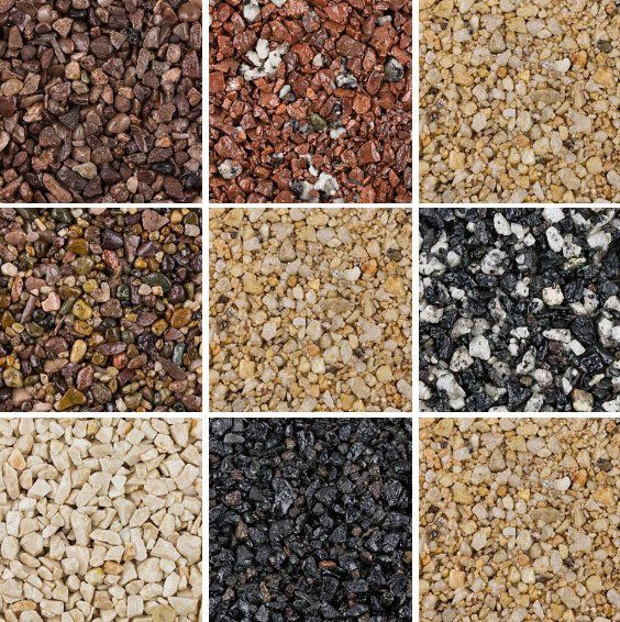 9 image grid of closeups of different types of resin for a driveway.