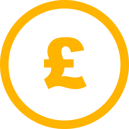 A pound sterling sign in a circle, in yellow.