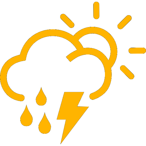 A cloud with rain and lighting and a sun shining behind, in yellow.
